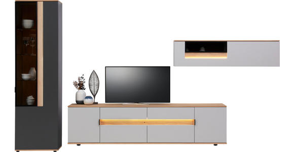 WOHNWAND  in Anthrazit, Eichefarben, Hellgrau  370/214,6/48 cm  - Eichefarben/Anthrazit, Design, Glas/Holz (370/214,6/48cm) - Dieter Knoll