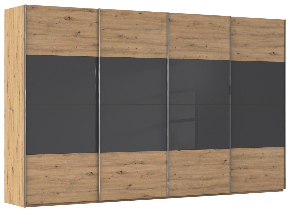 SCHWEBETÜRENSCHRANK 361/223/68 cm 4-türig Schwarz, Eiche Artisan  - Chromfarben/Schwarz, KONVENTIONELL, Glas/Holzwerkstoff (361/223/68cm) - Novel