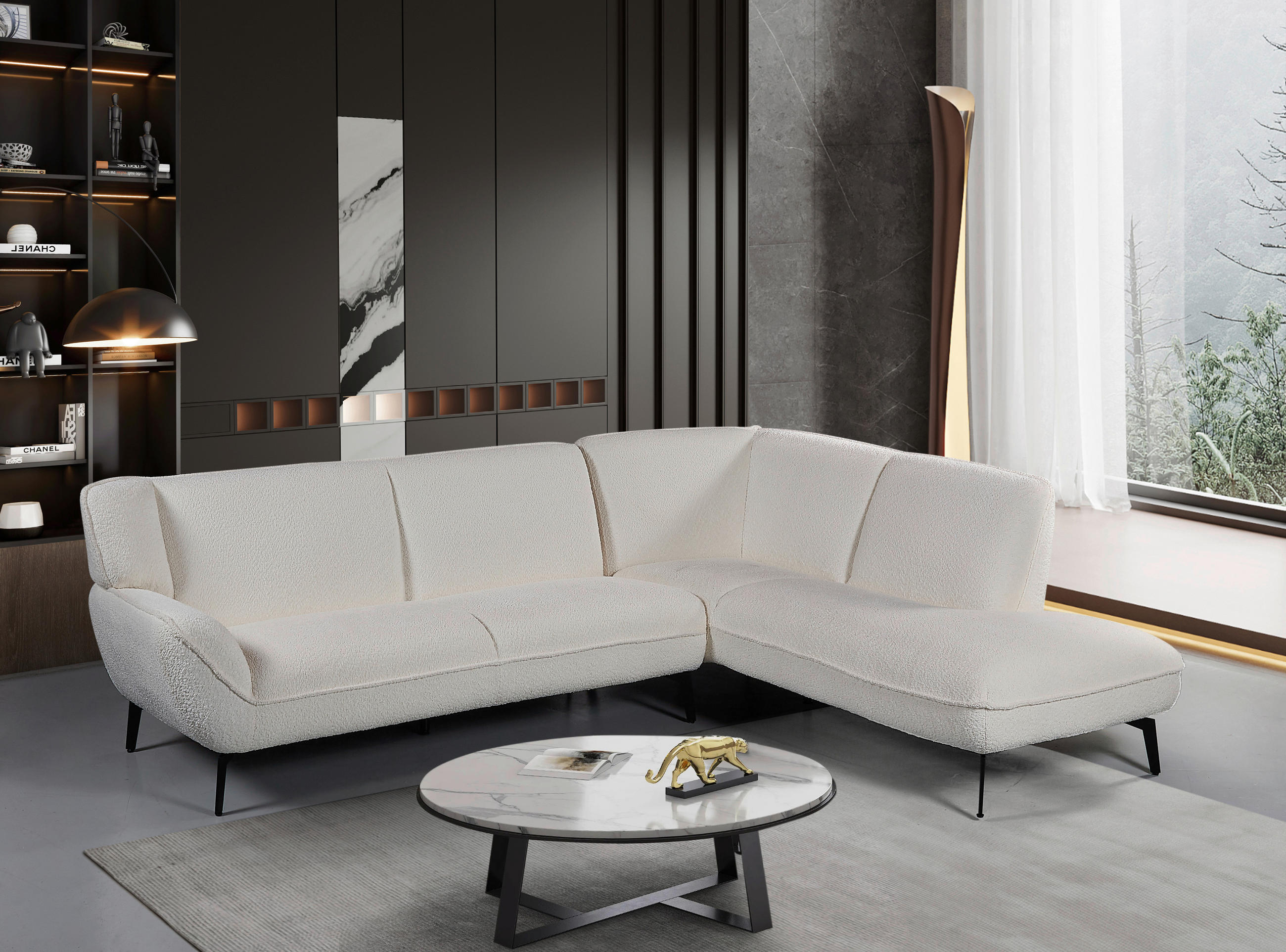 ECKSOFA Creme Bouclé  - Creme/Schwarz, MODERN, Textil/Metall (200/175cm) - MID.YOU