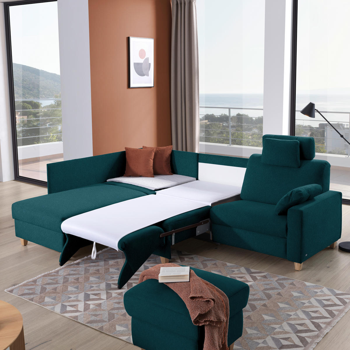 ECKSOFA in Flachgewebe Petrol  203/261 cm  - Eichefarben/Petrol, KONVENTIONELL, Holz/Textil (203/261cm) - Sedda