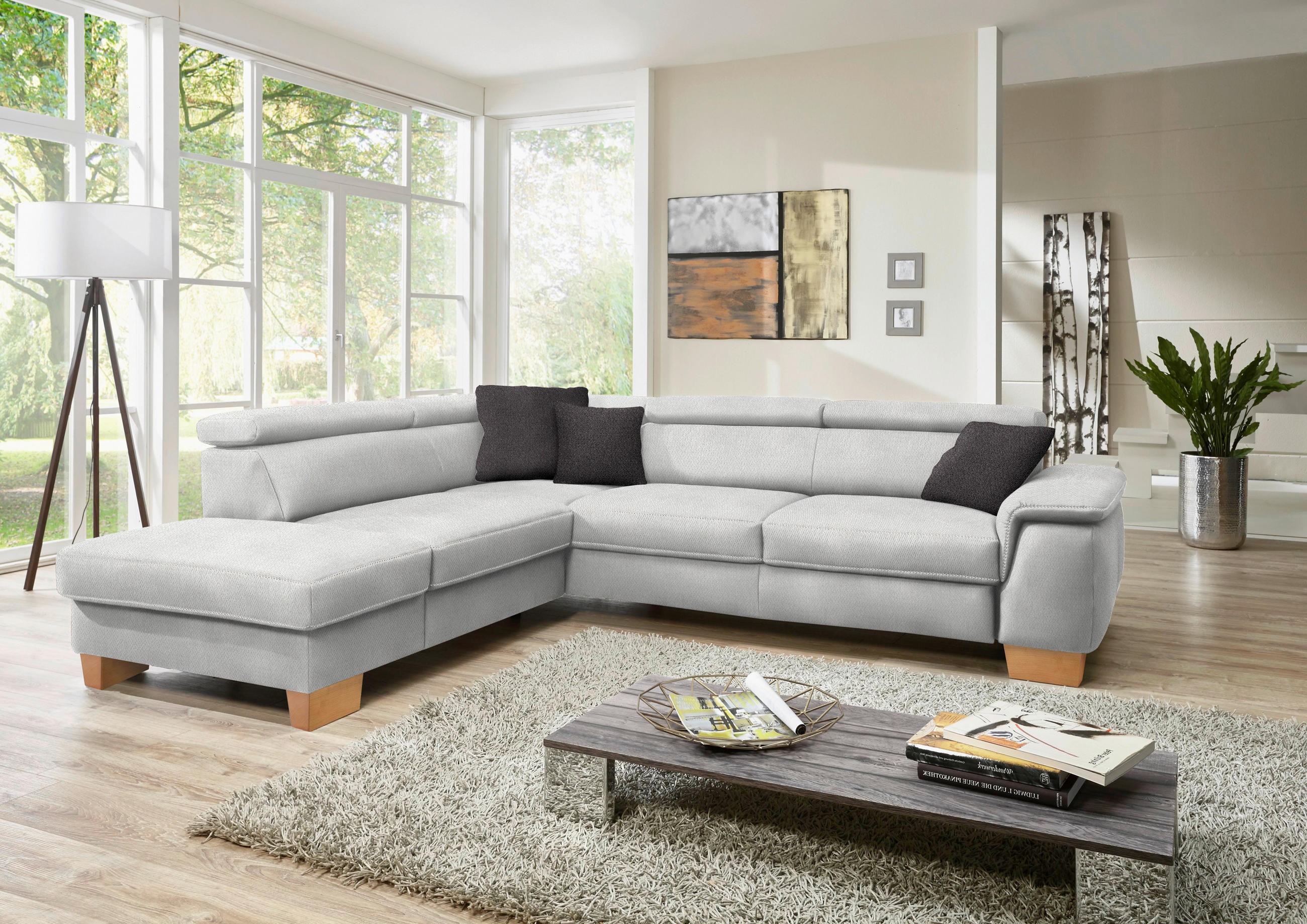 ECKSOFA in Mikrofaser Ecru  - Ecru/Eichefarben, Natur, Holz/Textil (226/273cm) - Beldomo System