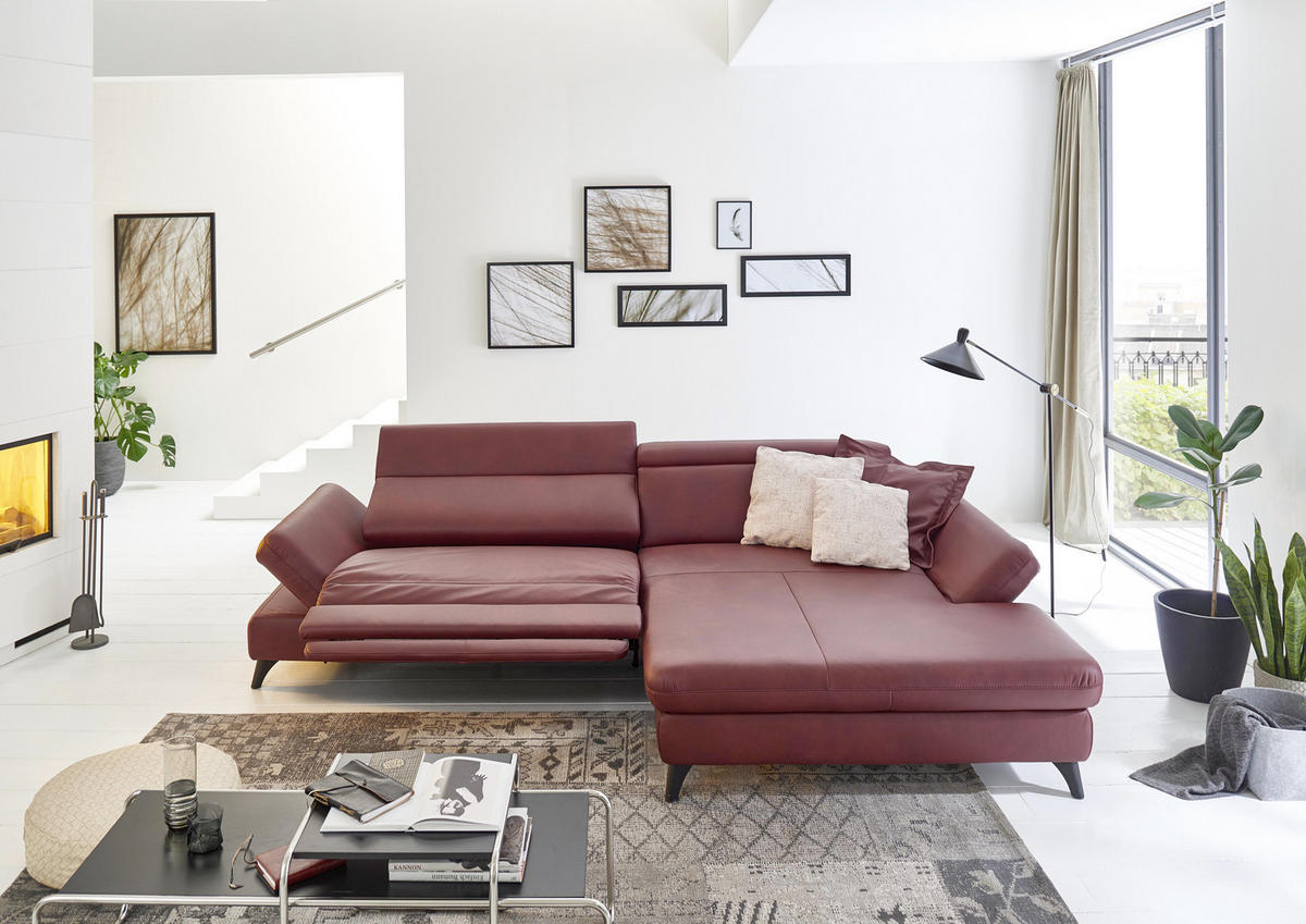 ECKSOFA Bordeaux Echtleder  - Bordeaux/Schwarz, Design, Leder/Metall (316/184cm) - Cantus