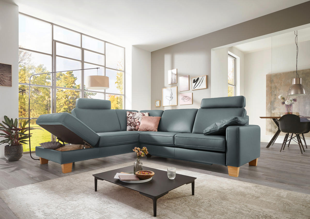 ECKSOFA in Echtleder Blaugrau  - Eiche Bianco/Blaugrau, Konventionell, Leder/Holz (235/257cm) - Valdera