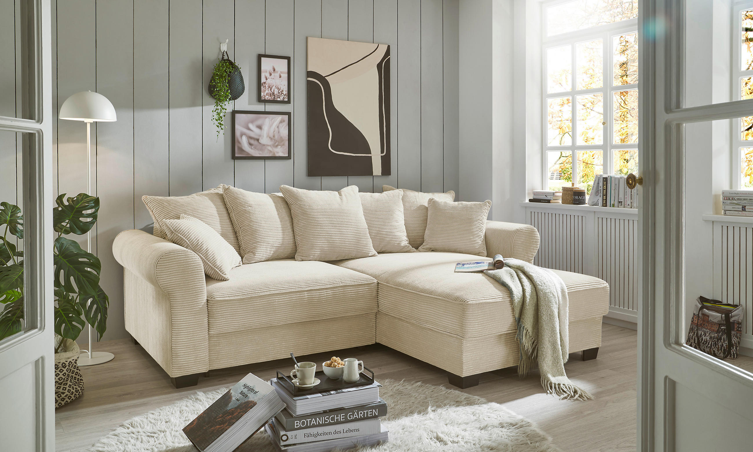 HÖRNSOFFA i manchester cremefärgad  - svart/cremefärgad, Klassisk, textil/plast (255/185cm) - MID.YOU