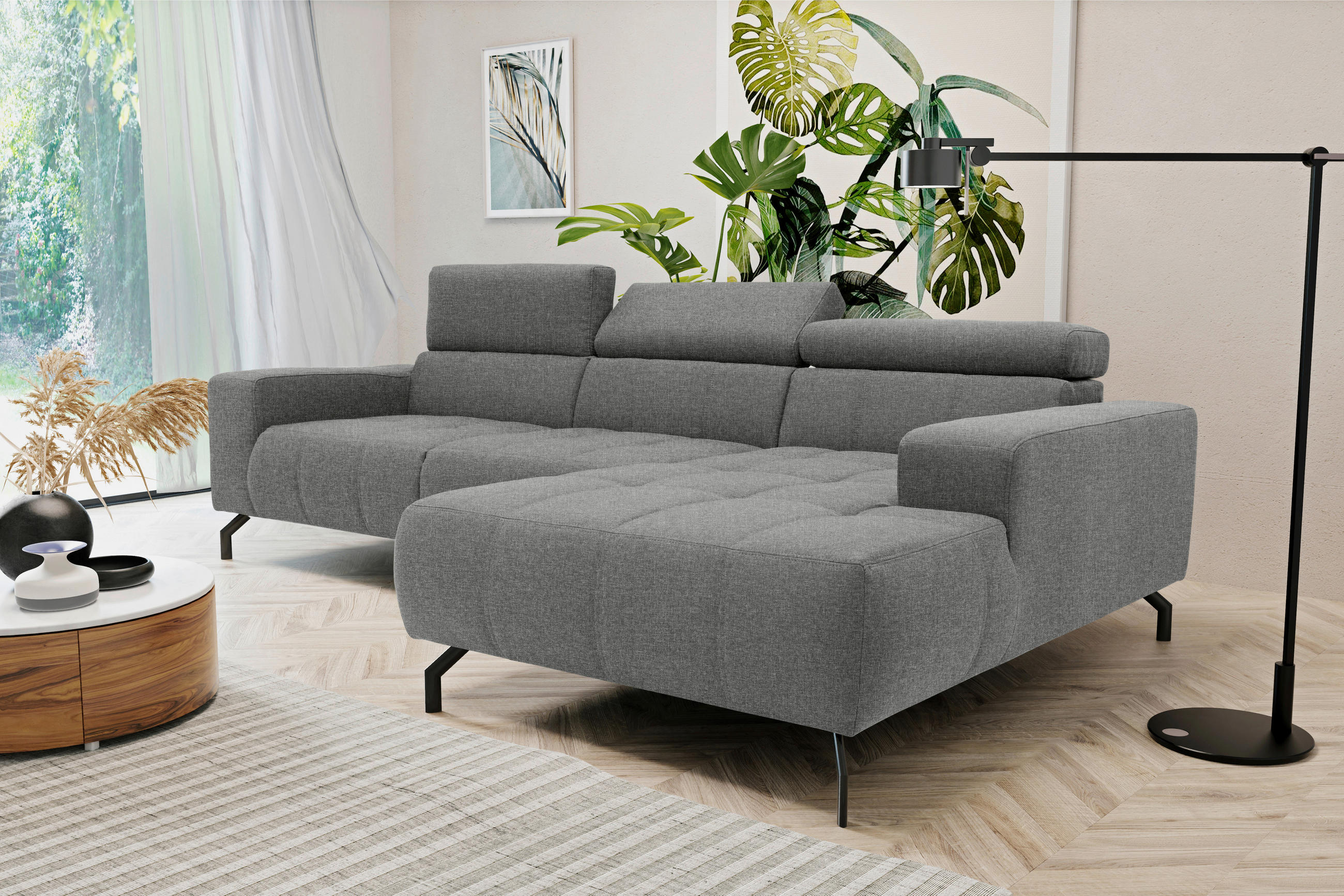 ECKSOFA Silberfarben Webstoff  - Silberfarben/Schwarz, Design, Textil/Metall (292/175cm) - MID.YOU