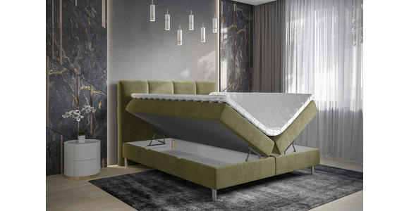 BOXBETT 140/200 cm,  in Olivgrün, gepolstertes Kopfteil, Bettkasten, Topper, H3 = fest  - Chromfarben/Olivgrün, Design, Holz/Holzwerkstoff (140/200cm) - Esposa