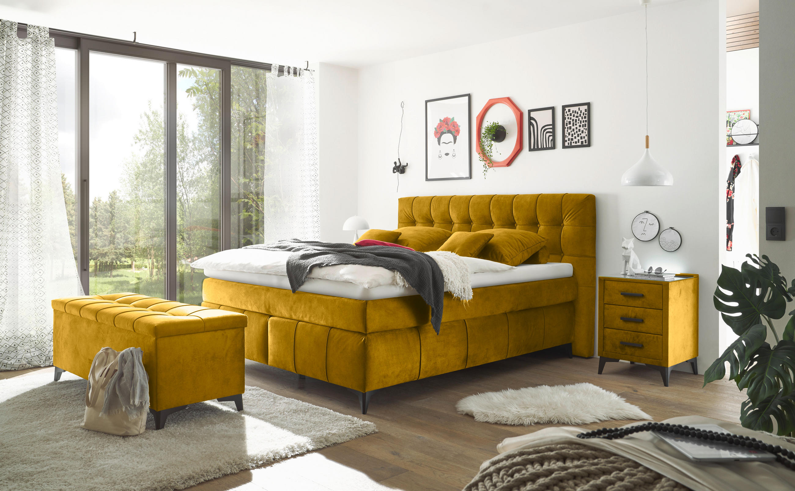 BETTBANK Mikrovelours Gelb  - Gelb/Schwarz, KONVENTIONELL, Kunststoff/Textil (139/58/50cm) - Modante
