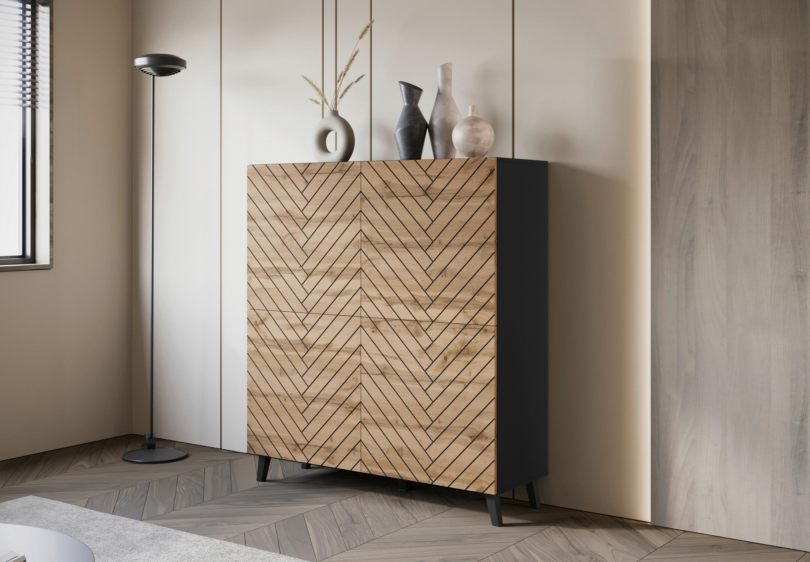 HIGHBOARD  in 120/130/39 cm  - Eiche Wotan/Schwarz, Trend, Holzwerkstoff/Kunststoff (120/130/39cm) - Livetastic