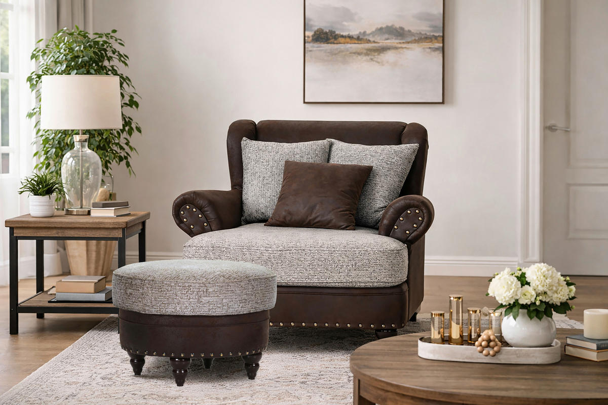 XXL FOTELJA tekstil  smeđa   - sivo-smeđa/tamno smeđa, Romantično / ladanjski, tekstil/drvo (125/102/50/138cm) - Landscape