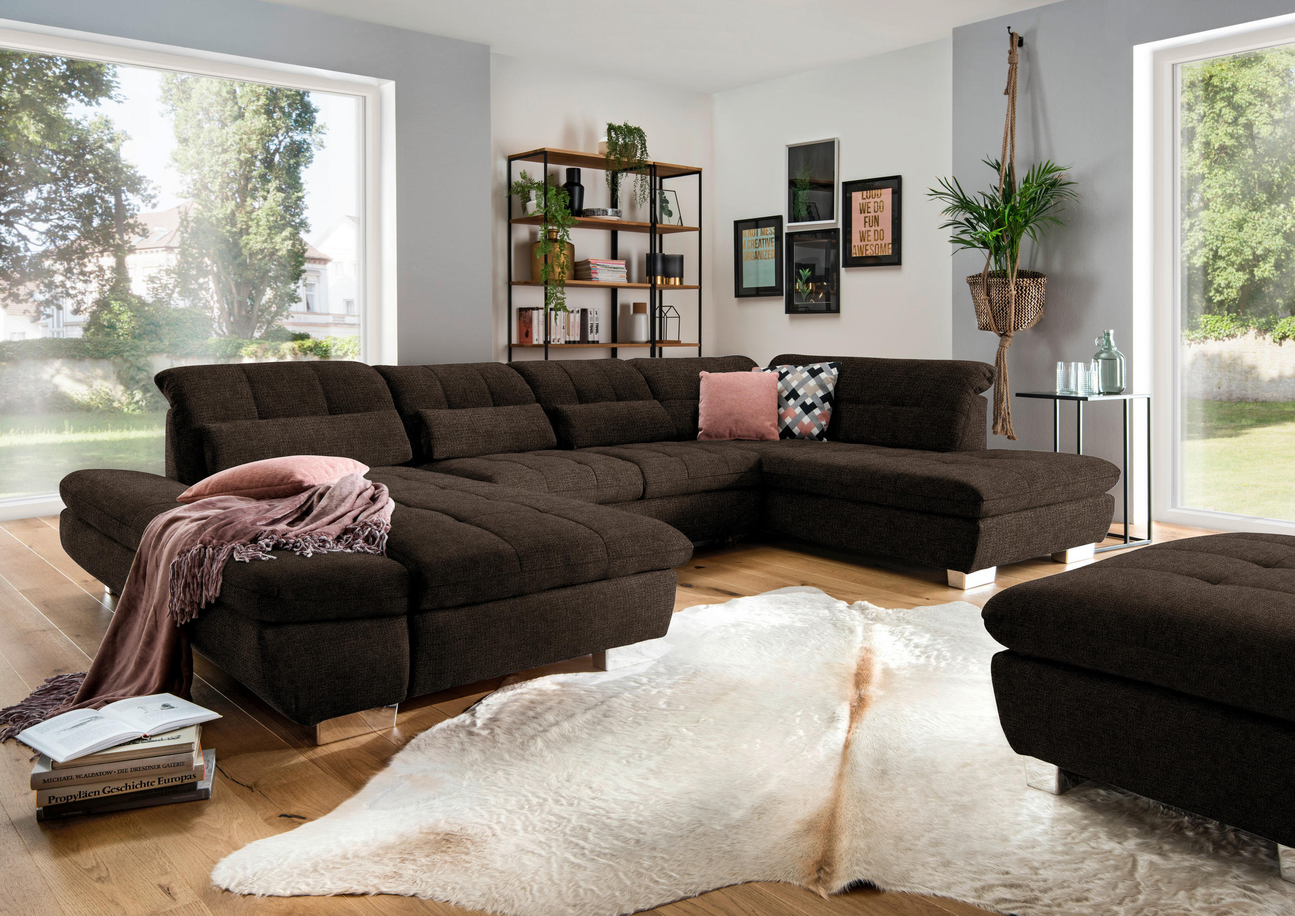 WOHNLANDSCHAFT in Mikrofaser Braun  - Chromfarben/Braun, Design, Kunststoff/Textil (204/350/211cm) - Xora