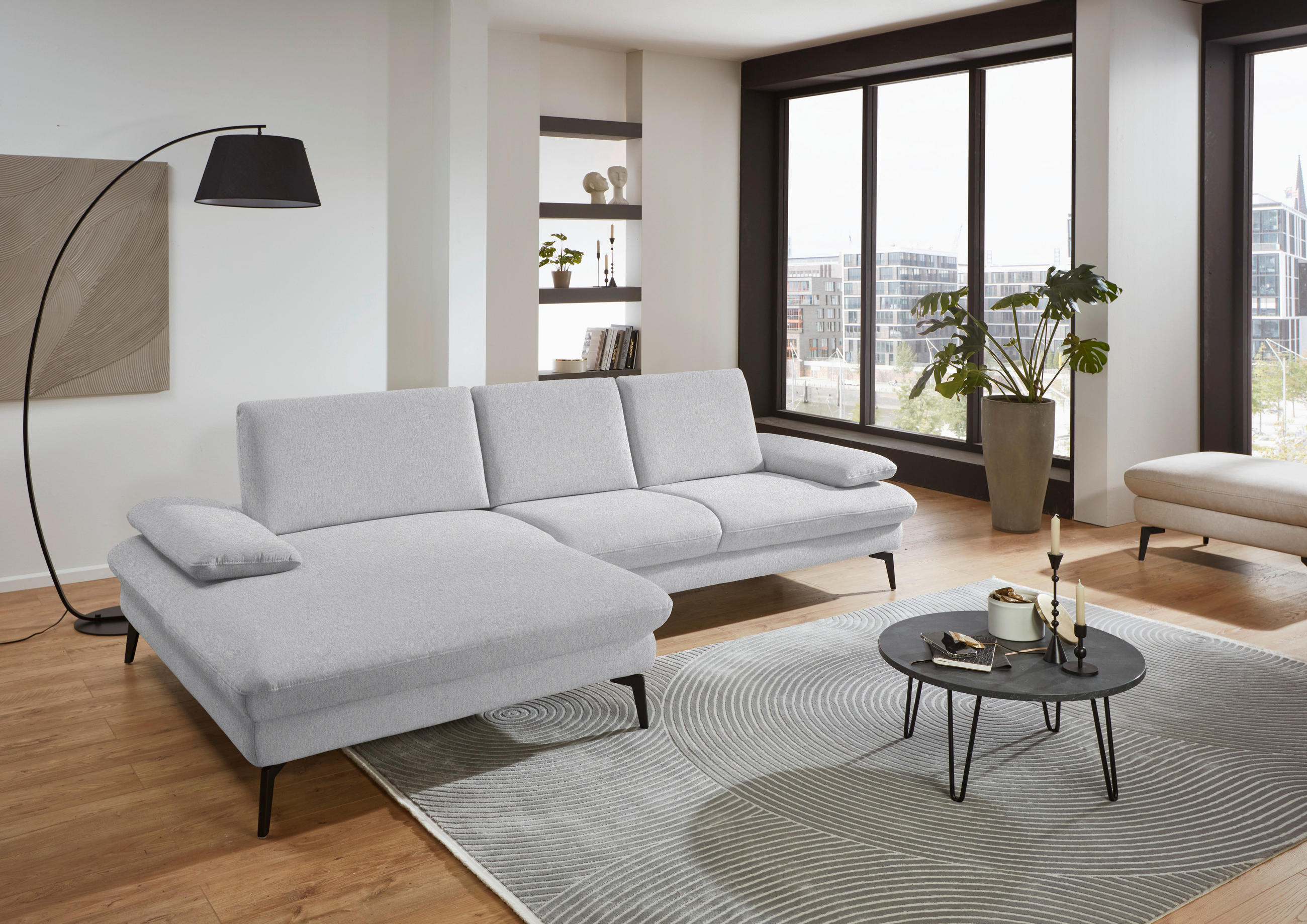 ECKSOFA in Chenille, Mikrofaser Hellgrau  157/299 cm  - Hellgrau/Schwarz, Design, Textil/Metall (157/299cm) - Dieter Knoll