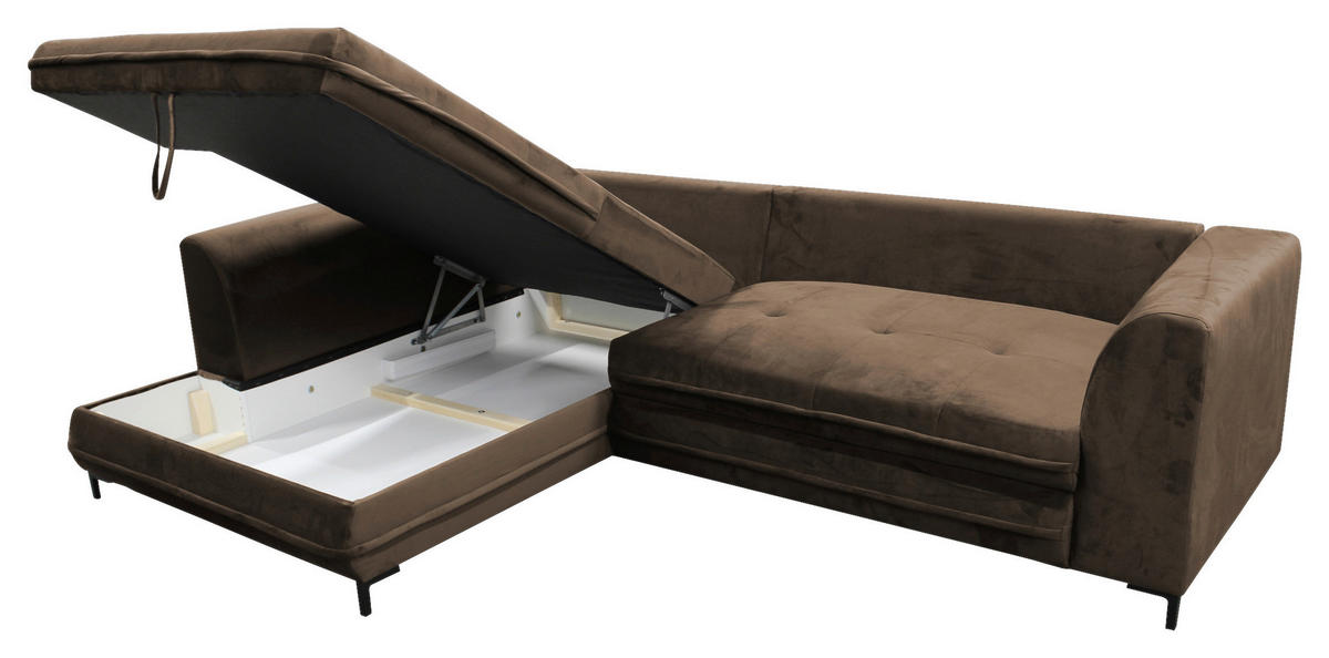ECKSCHLAFSOFA Velours Braun  - Schwarz/Braun, Design, Textil/Metall (187/277cm) - Livetastic