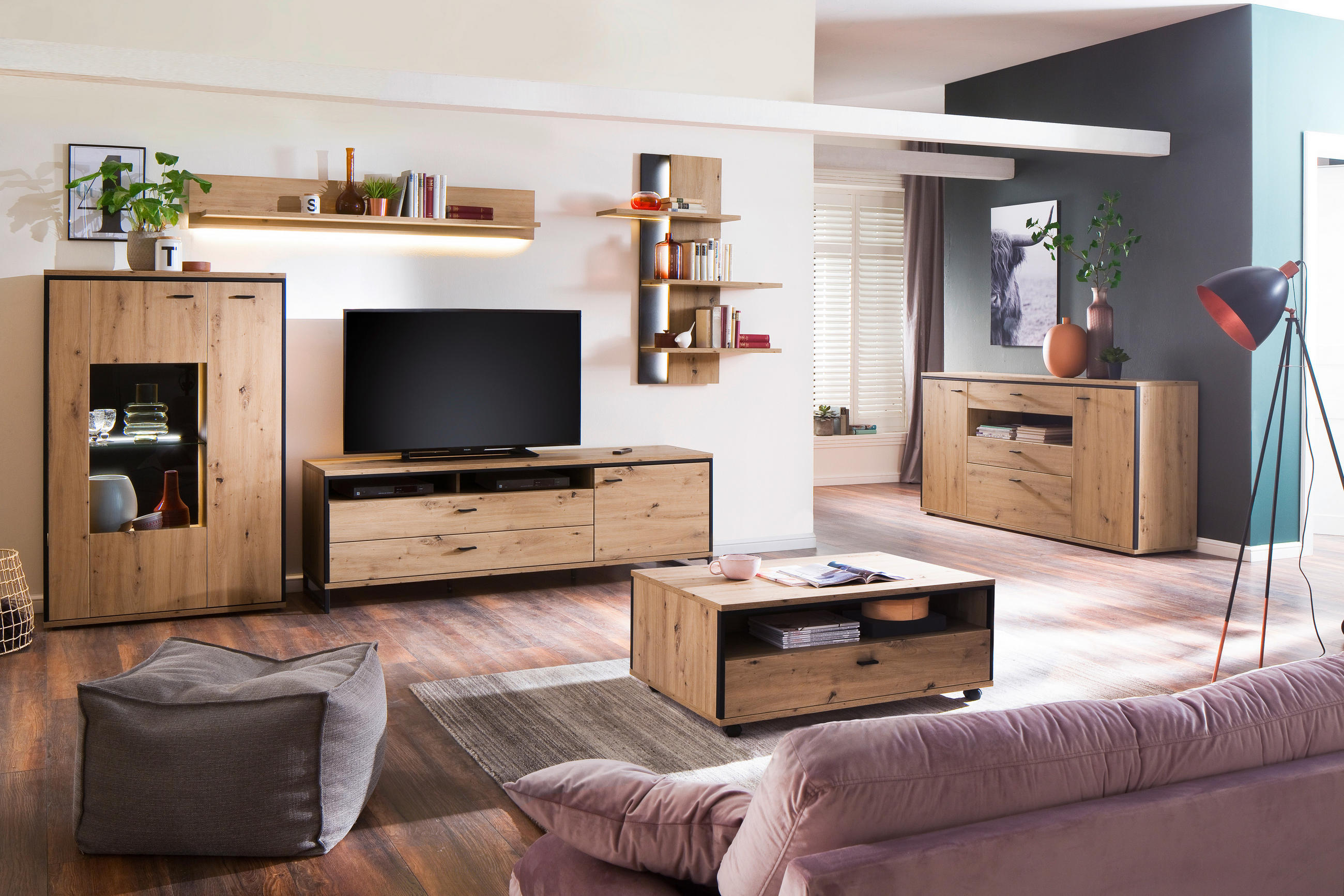 HIGHBOARD Skopje  in 93/142/38 cm  - Eichefarben/Anthrazit, Design, Glas/Holzwerkstoff (93/142/38cm) - MID.YOU