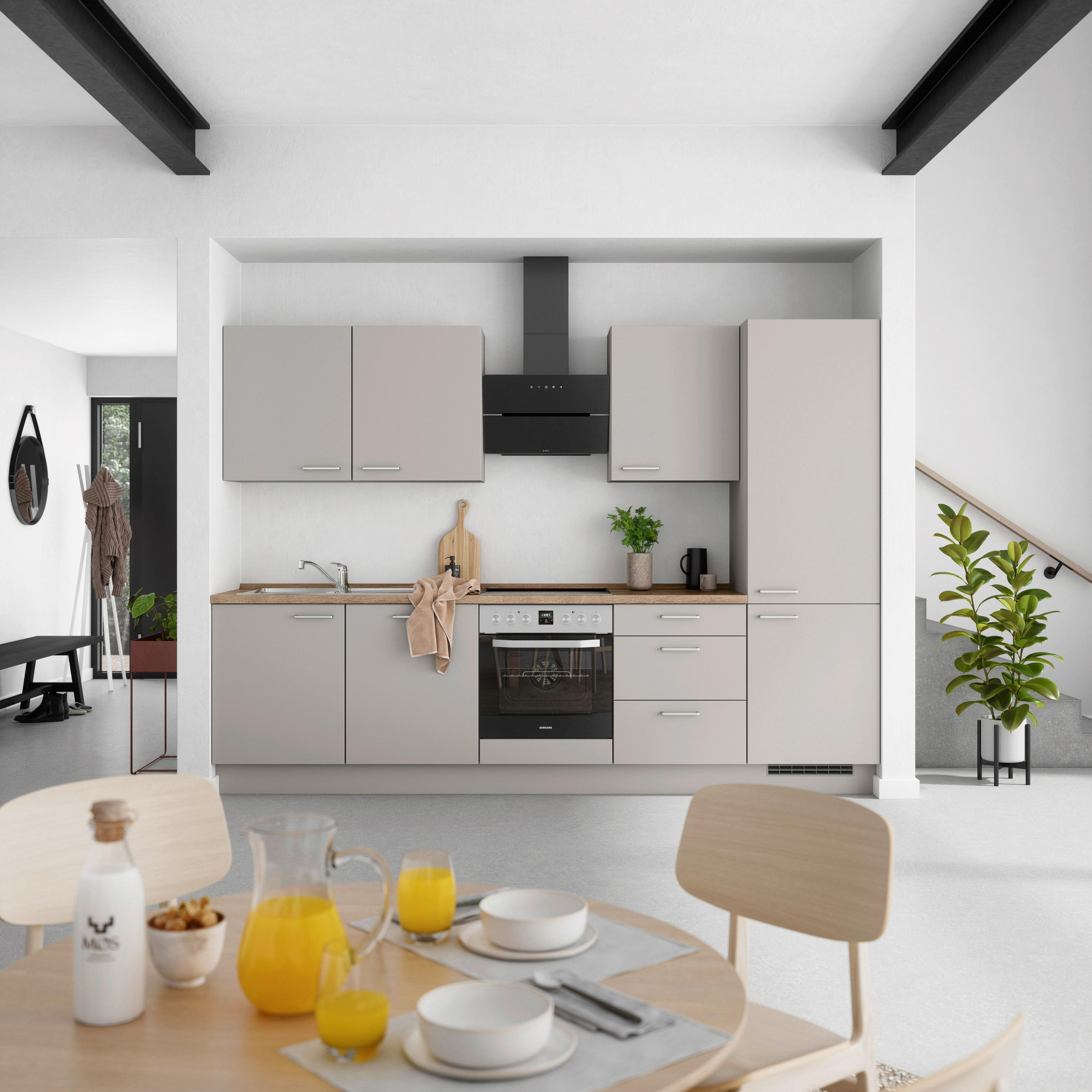 KÜCHENBLOCK 300 cm   in Grau, Eiche dunkel  - Eiche dunkel/Edelstahlfarben, MODERN, Holzwerkstoff/Metall (300cm) - Nobilia