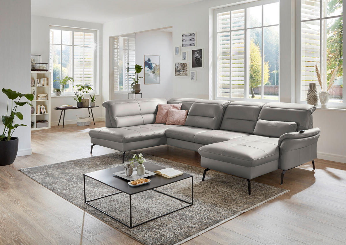 WOHNLANDSCHAFT  in Echtleder Hellgrau  - Hellgrau/Schwarz, Design, Leder/Metall (206/336/181cm) - Beldomo Speed