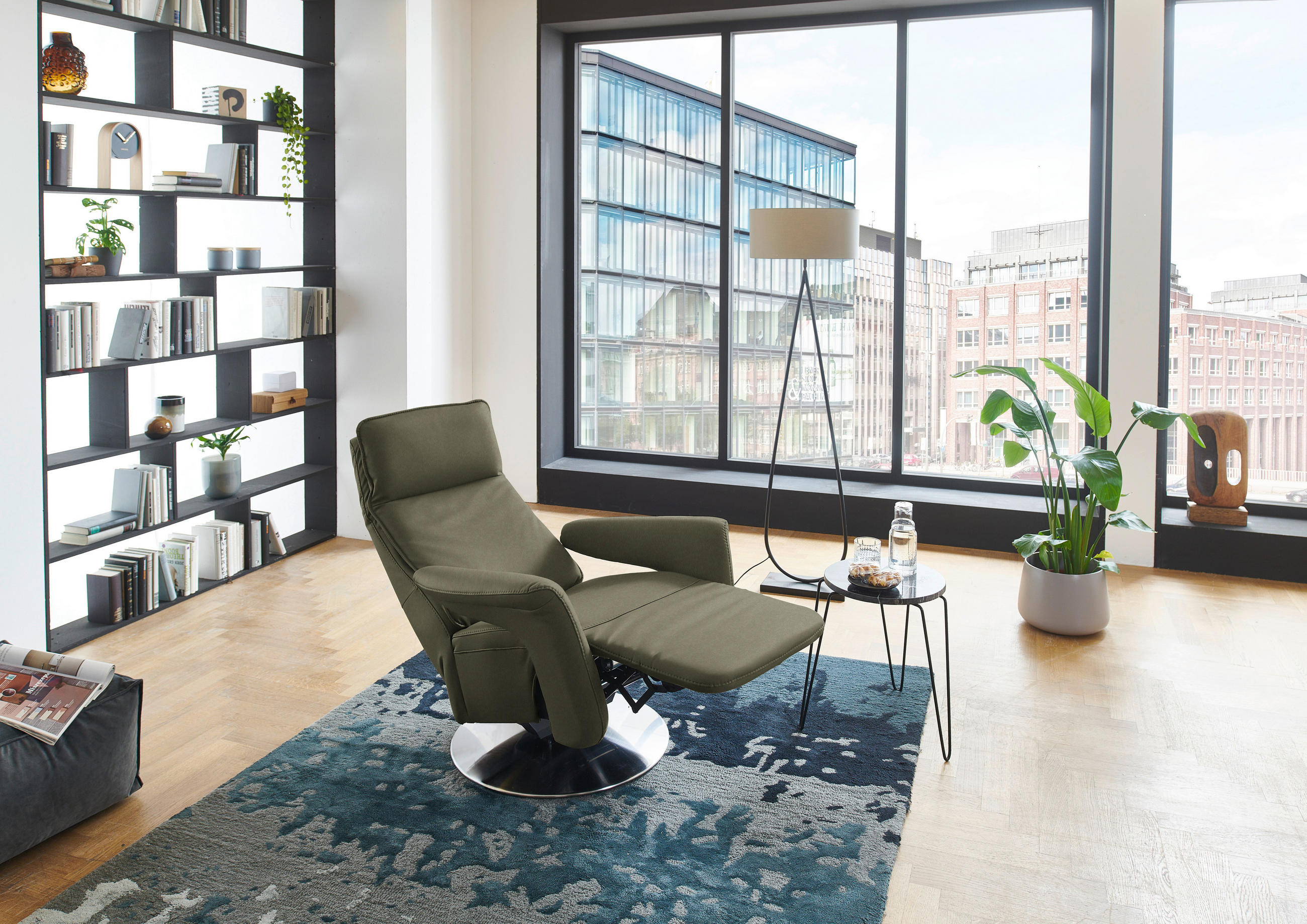 RELAXSESSEL in Leder Grau, Grün  - Edelstahlfarben/Grau, Design, Leder/Metall (83/112/87-174cm) - Valdera