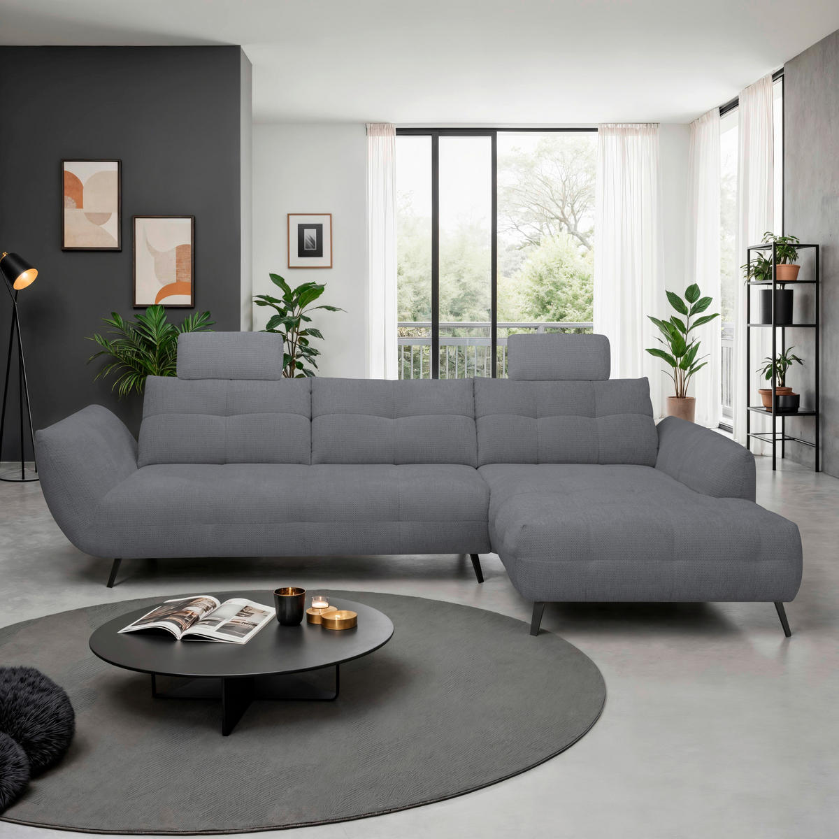 ECKSOFA Dunkelgrau Chenille Armlehnenkissen, Rücken echt, Sitztiefenverstellung  - Dunkelgrau/Schwarz, KONVENTIONELL, Textil/Metall (313/215cm) - Hom`in