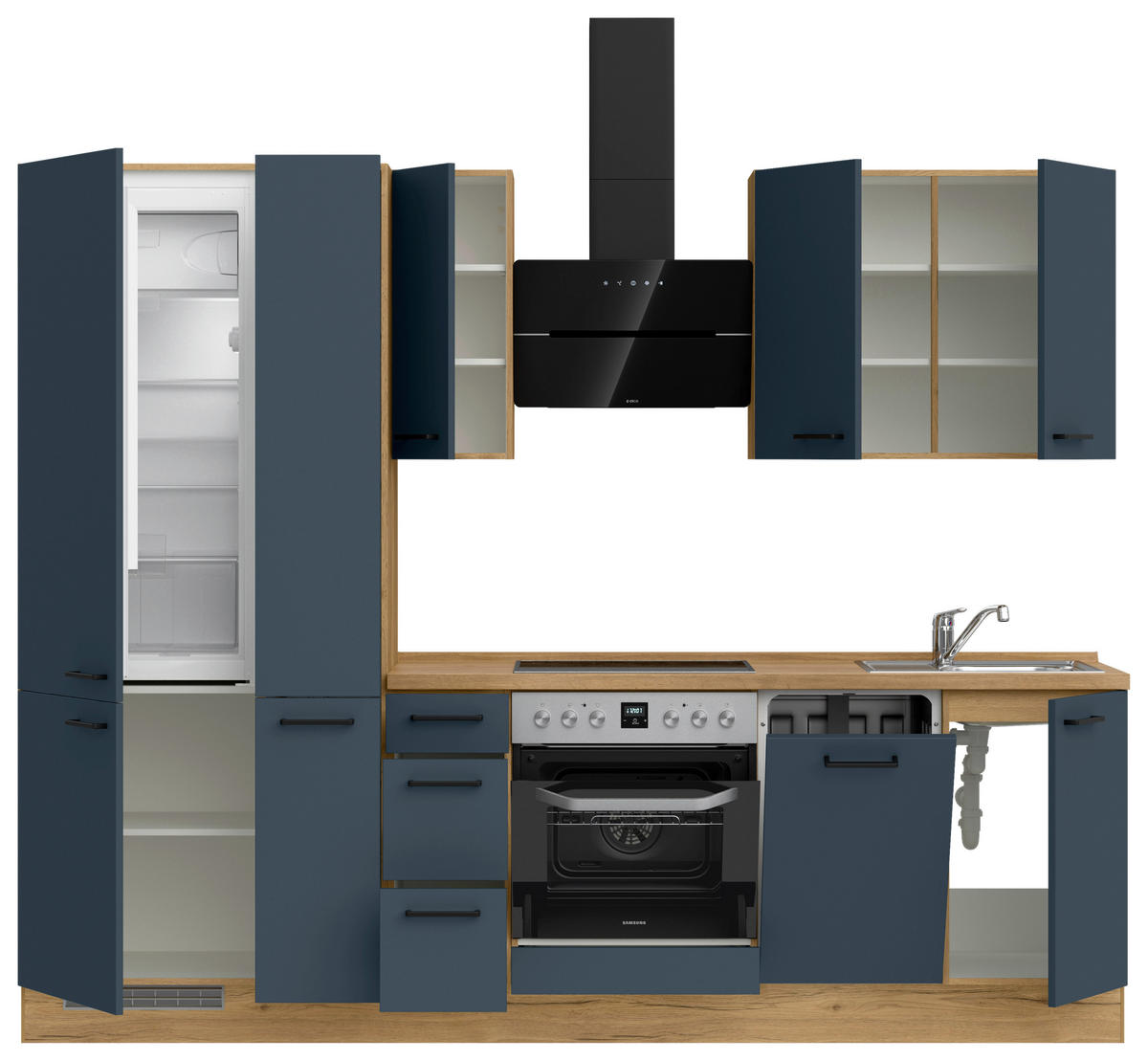 KÜCHENBLOCK Easytouch 270 cm  in Eichefarben, Dunkelblau  - Eichefarben/Schwarz, MODERN, Holzwerkstoff/Metall (270cm) - Nobilia