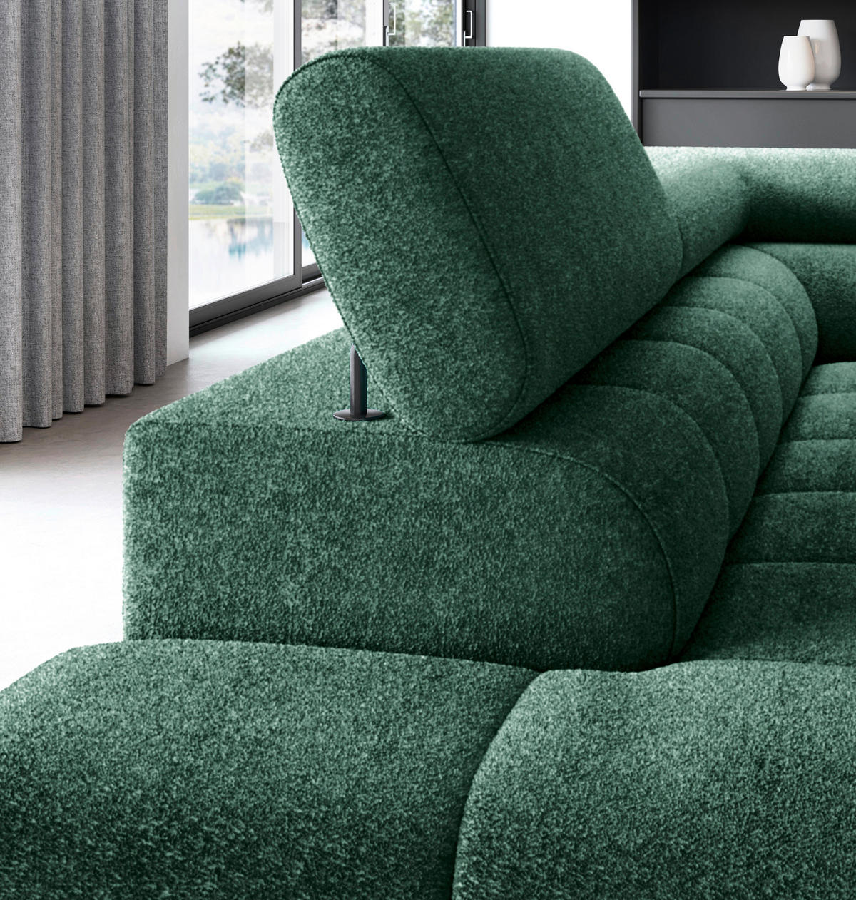 ECKSOFA FERUCCE Dunkelgrün Teddystoff Bettkasten, Kopfteilverstellung  - Dunkelgrün/Schwarz, Design, Textil/Metall (200/276cm) - MID.YOU