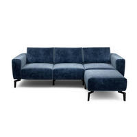 Dreisitzer inkl. Hocker in Samt Dunkelblau  - Schwarz/Dunkelblau, Design, Textil/Metall (250/86/86-94cm) - SENSOO
