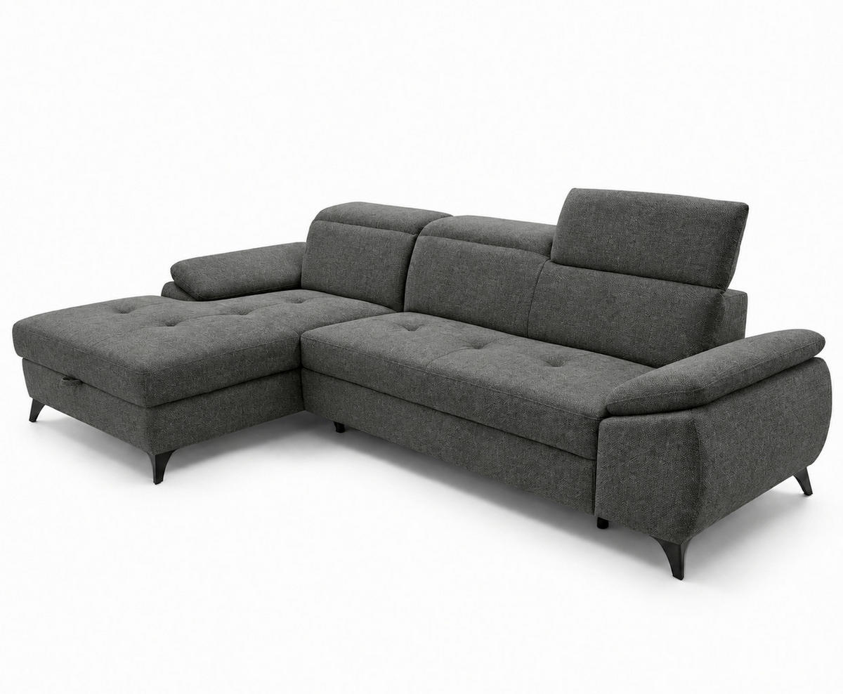 ECKSOFA TAOS Dunkelgrau Struktur Bettkasten, Rücken echt, Kopfteilverstellung, Stauraum  - Dunkelgrau/Schwarz, Basics, Holz/Textil (281/166cm) - MID.YOU