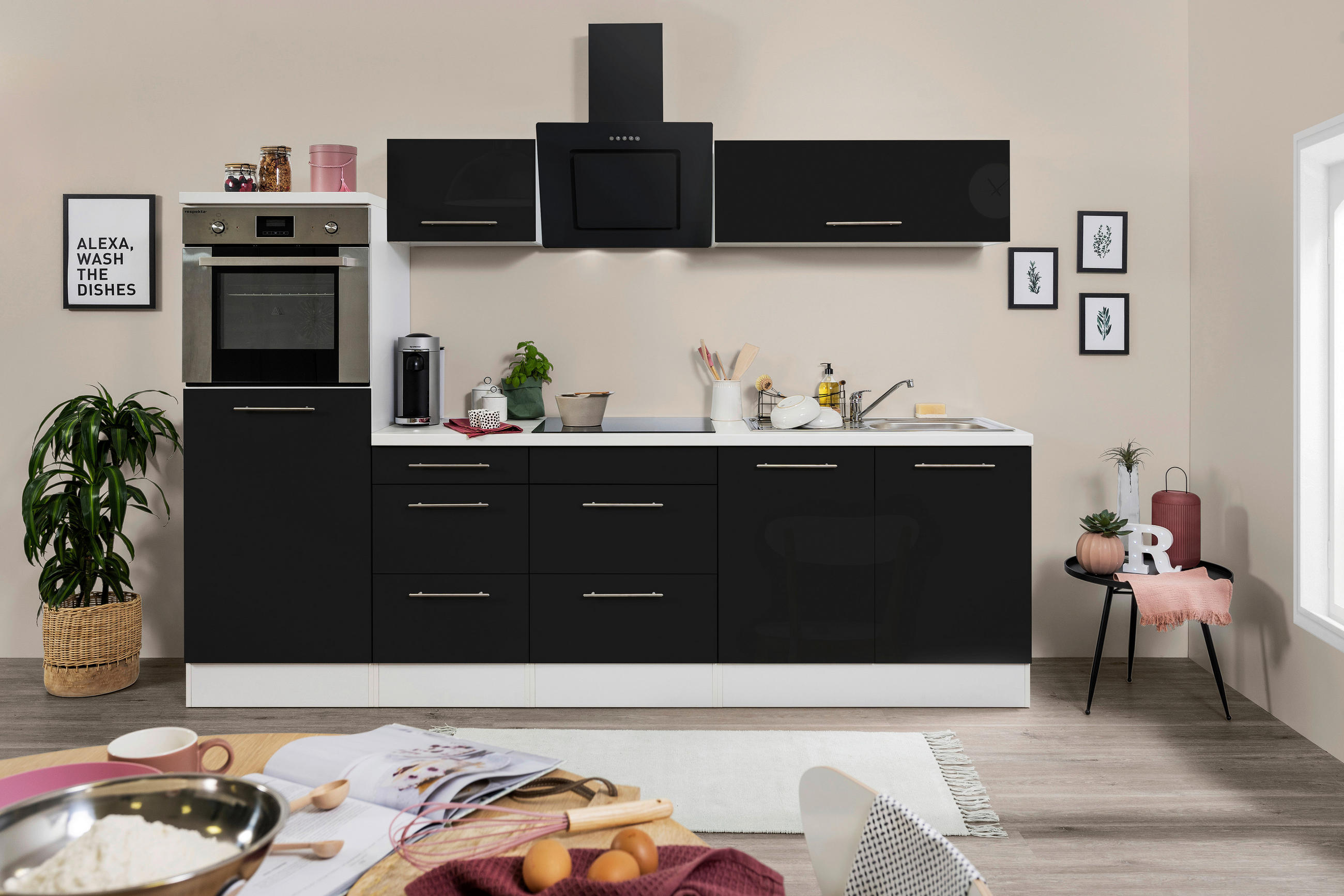 KÜCHENBLOCK 270 cm   in Schwarz, Weiß  - Edelstahlfarben/Schwarz, KONVENTIONELL, Holzwerkstoff/Metall (270cm) - Respekta