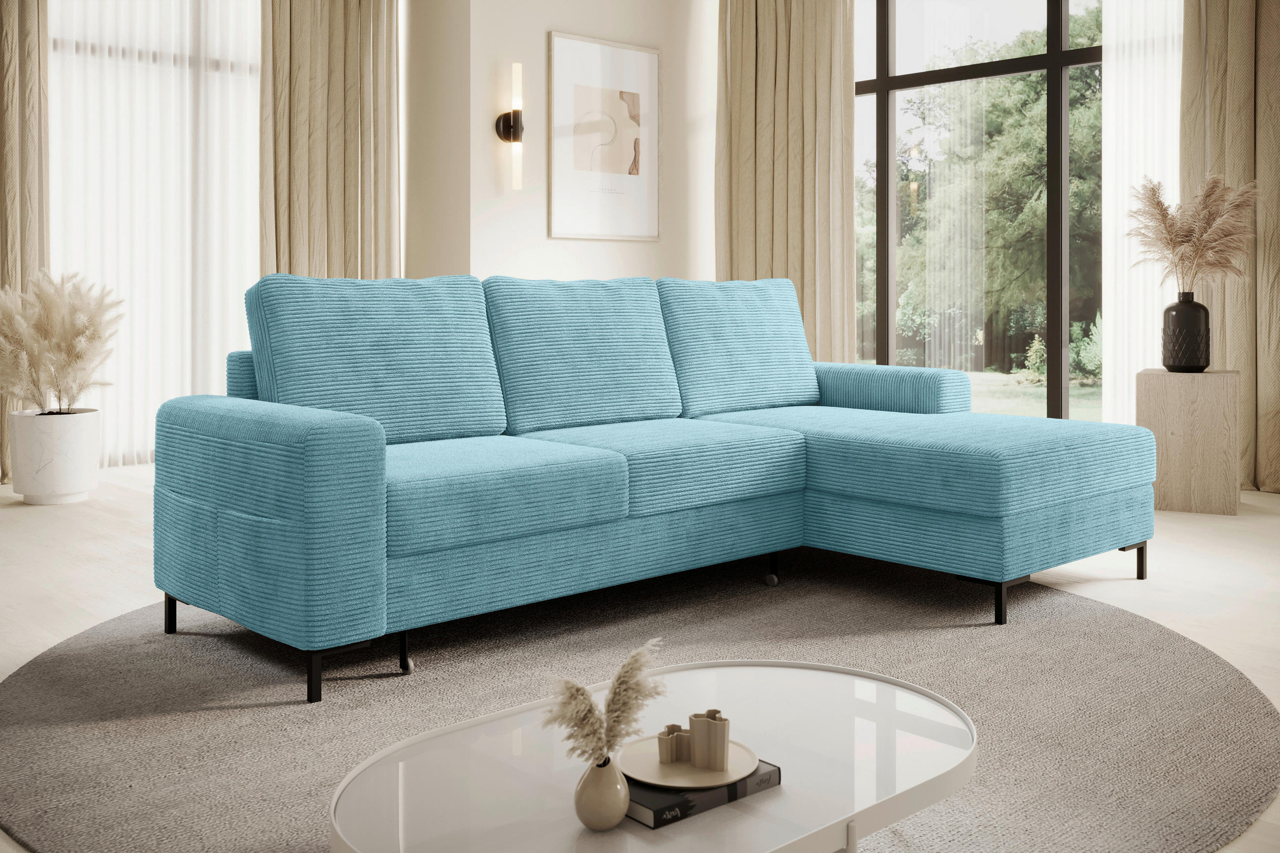 ECKSOFA Türkis Cord  - Türkis/Schwarz, KONVENTIONELL, Textil/Metall (240/150cm) - Carryhome