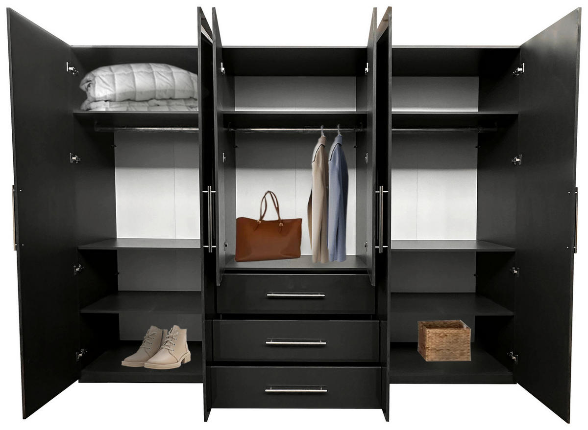 KLEIDERSCHRANK 294/219/59 cm 6-türig Anthrazit, Anthrazit Hochglanz  - Anthrazit/Anthrazit Hochglanz, KONVENTIONELL, Holzwerkstoff/Metall (294/219/59cm) - Carryhome
