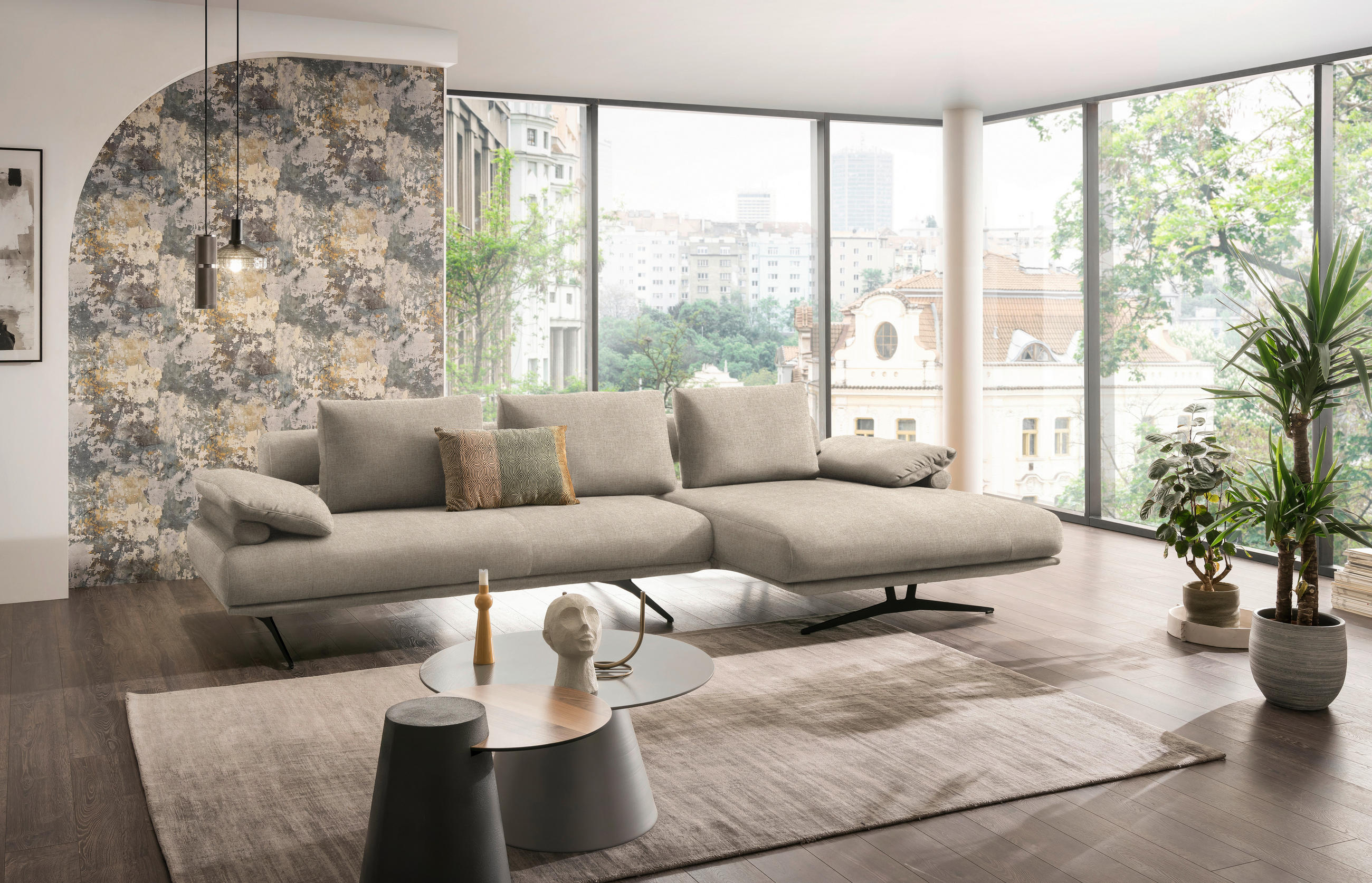 ECKSOFA in Chenille Beige  - Beige/Schwarz, Design, Textil/Metall (334/168cm) - Dieter Knoll