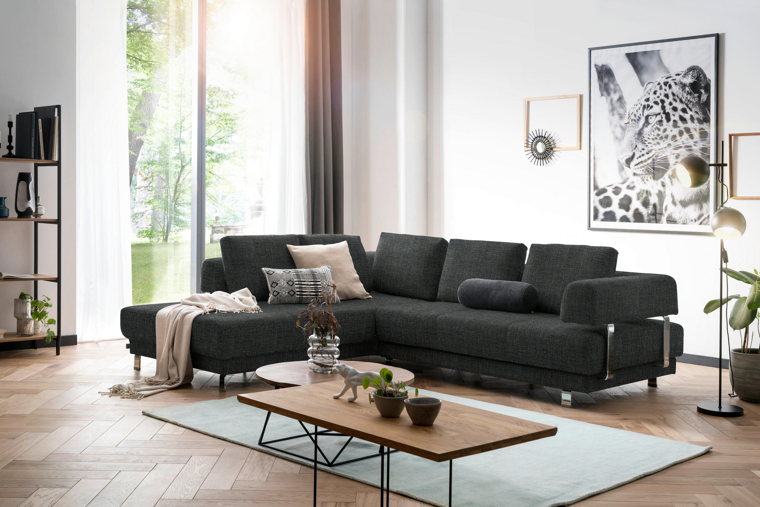 ECKSOFA in Chenille Anthrazit  - Anthrazit, Design, Textil/Metall (235/277cm)