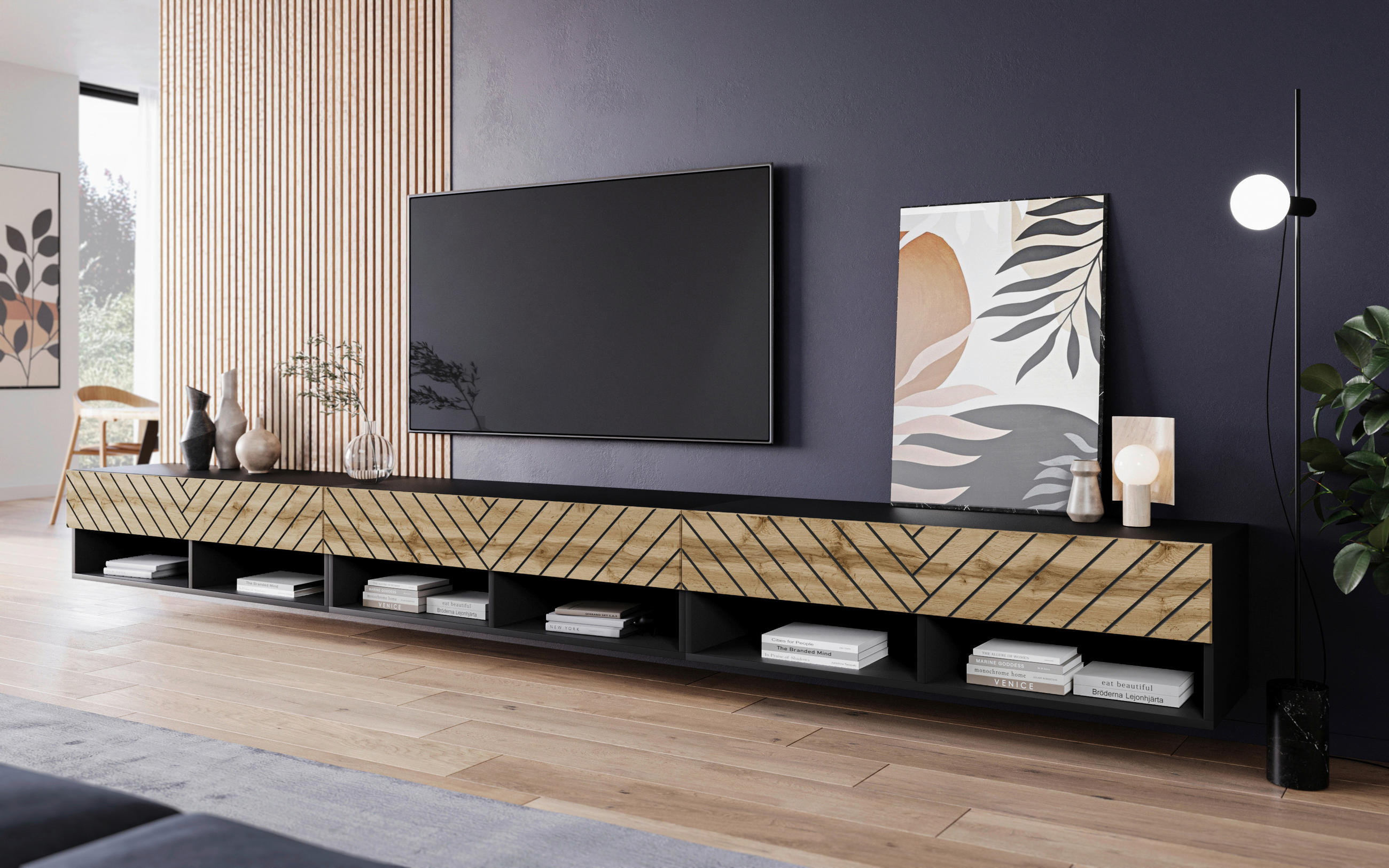 P & B LOWBOARD Schwarz, Eiche Wotan 300cm × 31cm × 30cm