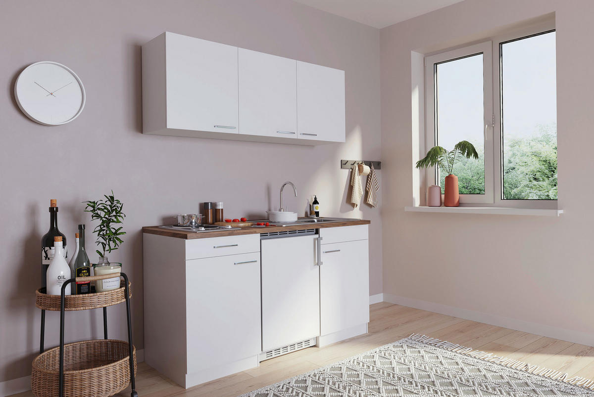 MINIKÜCHE 150 cm   in Weiss  - Weiss/Nussbaumfarben, Basics, Holzwerkstoff/Kunststoff (150cm) - Respekta