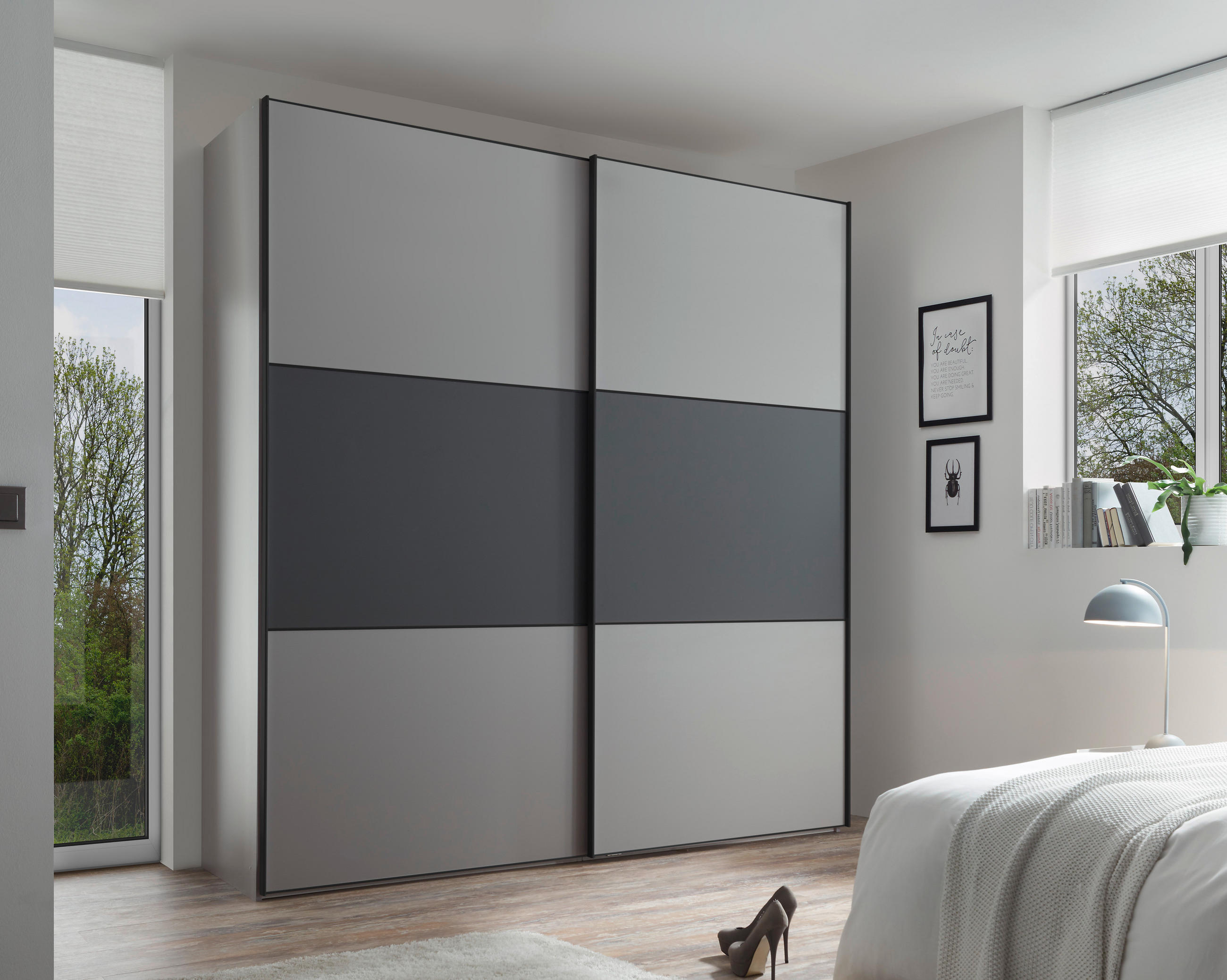 SCHWEBETÜRENSCHRANK 200/222/68 cm 2-türig Anthrazit, Hellgrau  - Anthrazit/Hellgrau, Holzwerkstoff/Metall (200/222/68cm) - Moderano