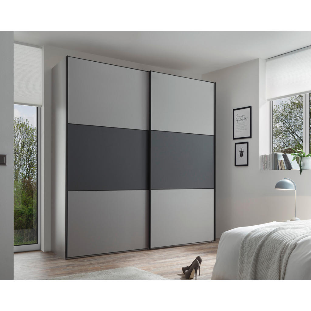 Thumbnail - Moderano Schwebetürenschrank, Anthrazit, Hellgrau, Holzwerkstoff, 4 Fächer, 2 Schubladen, 222x188 cm, Goldenes M, BQ - B...
