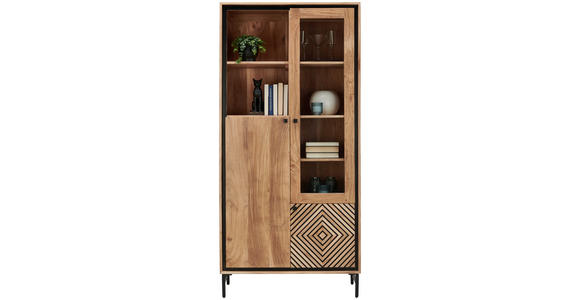 VITRINE in vollmassiv Akazie Schwarz, Akaziefarben - Schwarz/Akaziefarben, Design, Glas/Holz (90/190/42cm) - Ambia Home