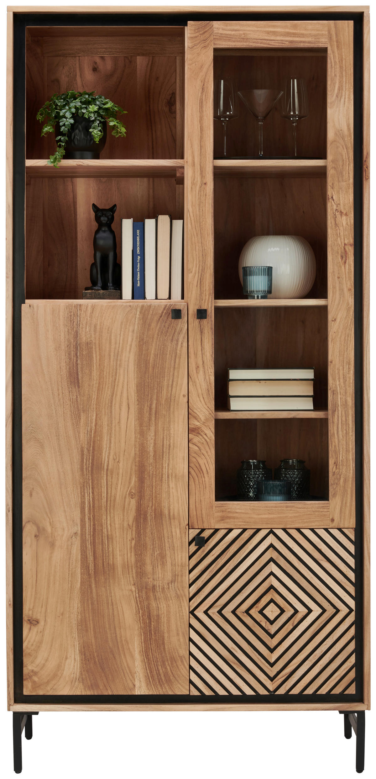 VITRINE Schwarz, Akaziefarben  90/190/42 cm  - Schwarz/Akaziefarben, Design, Glas/Holz (90/190/42cm) - Ambia Home