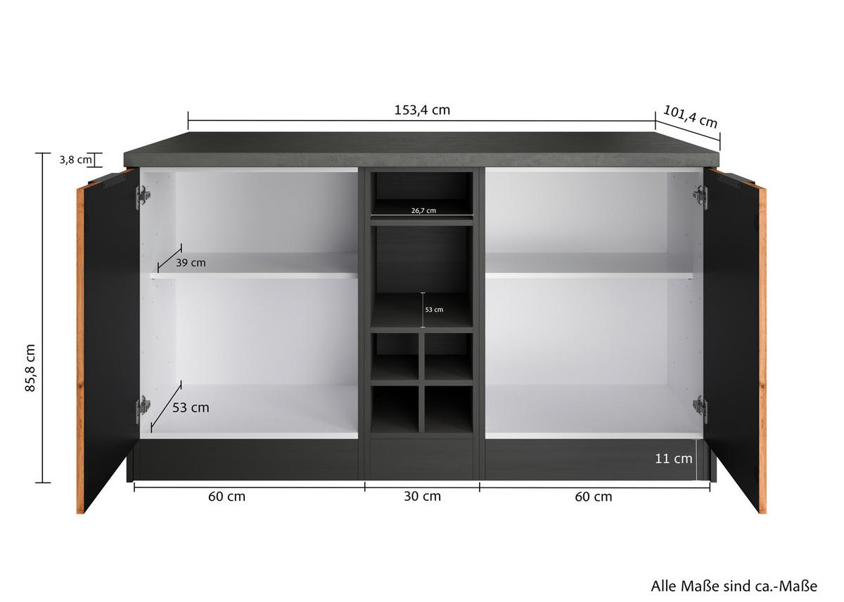 KÜCHENINSEL   in Graphitfarben, Eiche Wotan  - Schieferfarben/Eiche Wotan, Basics, Holzwerkstoff/Metall (153/86/101cm) - Held