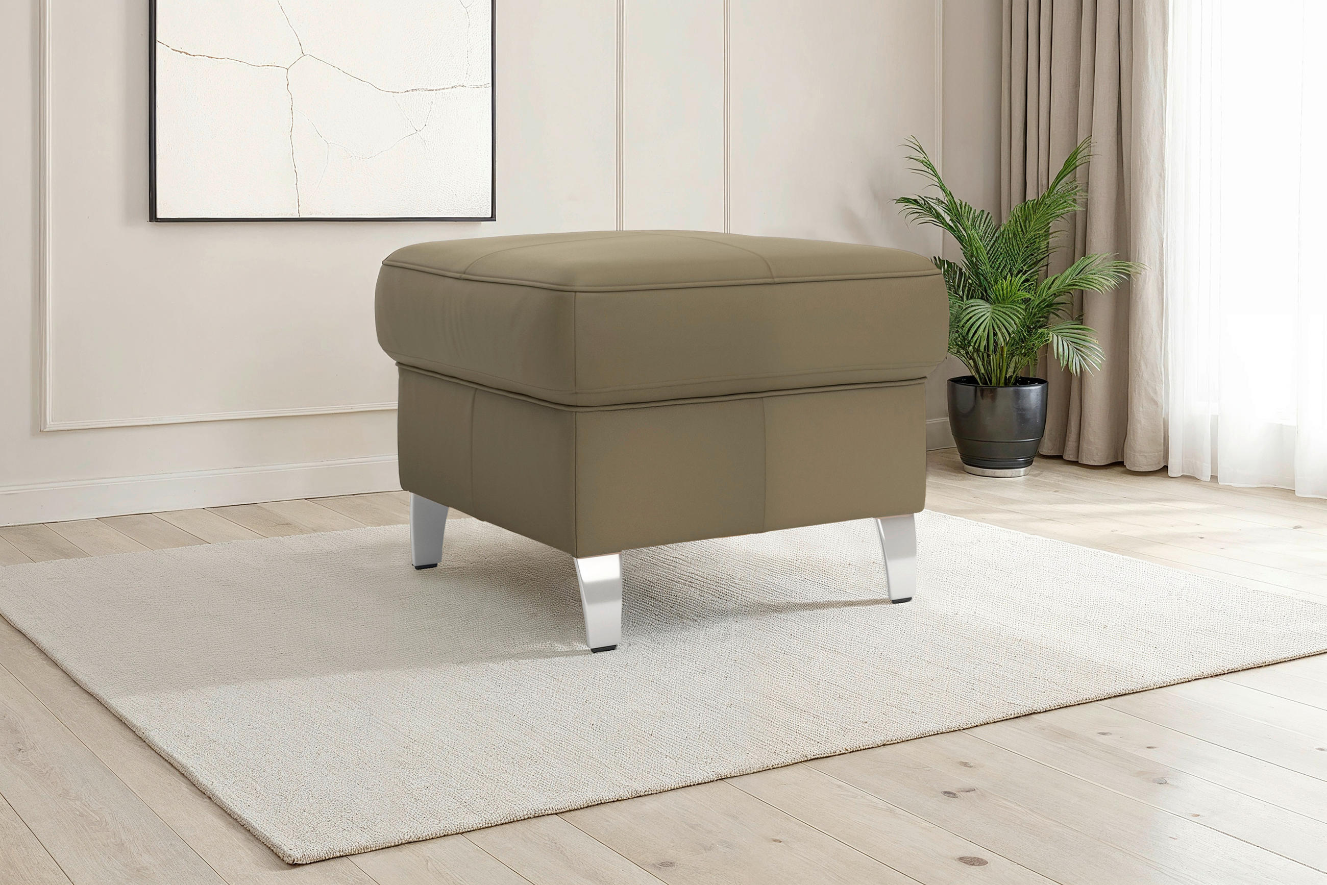 HOCKER Leder Olivgrün  - Chromfarben/Olivgrün, Basics, Leder/Metall (58/48/58cm) - Sit & More