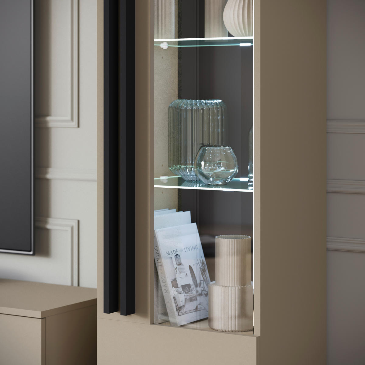 WOHNWAND 4-teilig  in Beige 260/159,5/33 cm  - Beige/Schwarz, Trend, Glas/Holzwerkstoff (260/159,5/33cm)