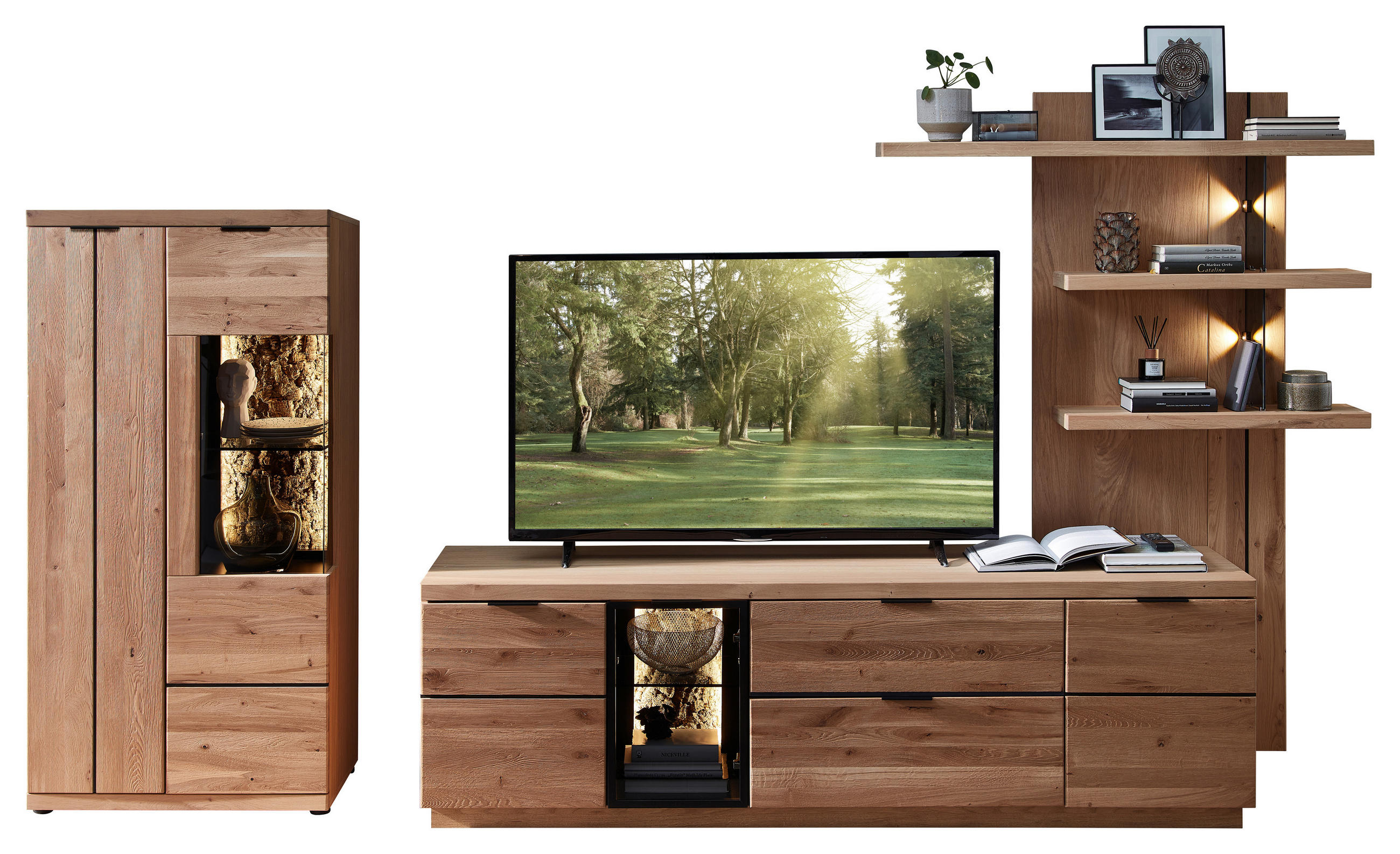 WOHNWAND  in Schwarz, Wildeiche 324/180/50 cm  - Wildeiche/Schwarz, Natur, Glas/Holz (324/180/50cm) - Livetastic