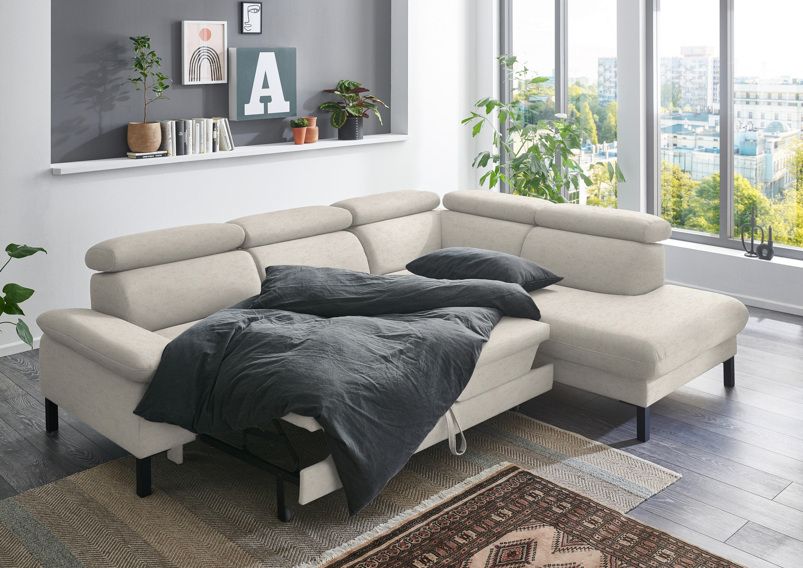 ECKSOFA in Flachgewebe Beige  - Beige/Schwarz, Design, Holzwerkstoff/Textil (272/217cm) - Pure Home Comfort