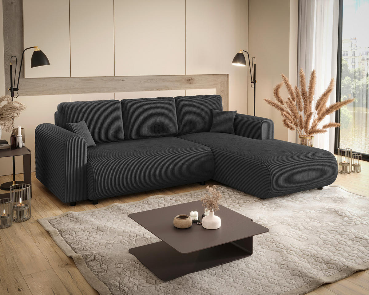 ECKSOFA inkl. Funktionen Anthrazit Cord  - Anthrazit/Schwarz, KONVENTIONELL, Kunststoff/Textil (260/200cm) - Xora
