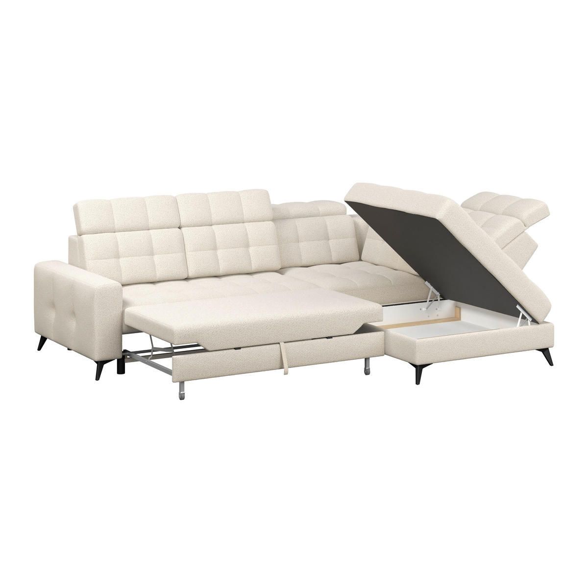 ECKSOFA BARLETTA NEW Creme Velours Bettkasten, Kopfteilverstellung, Sitztiefenverstellung, Liegefläche im Originalstoff  - Creme/Schwarz, ROMANTIK / LANDHAUS, Textil/Metall (289/228cm) - MID.YOU