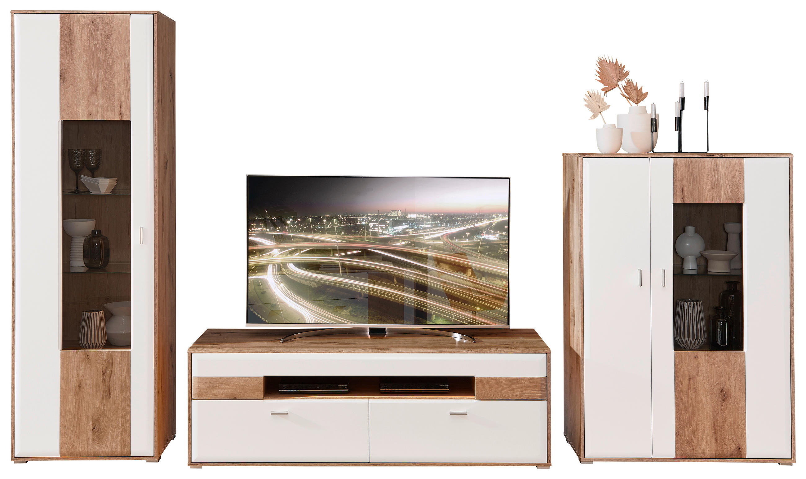 DNEVNI REGAL,  barve hrasta, bela  - srebrne barve/barve niklja, Moderno, kovina/steklo (350/204/50cm) - Hom`in