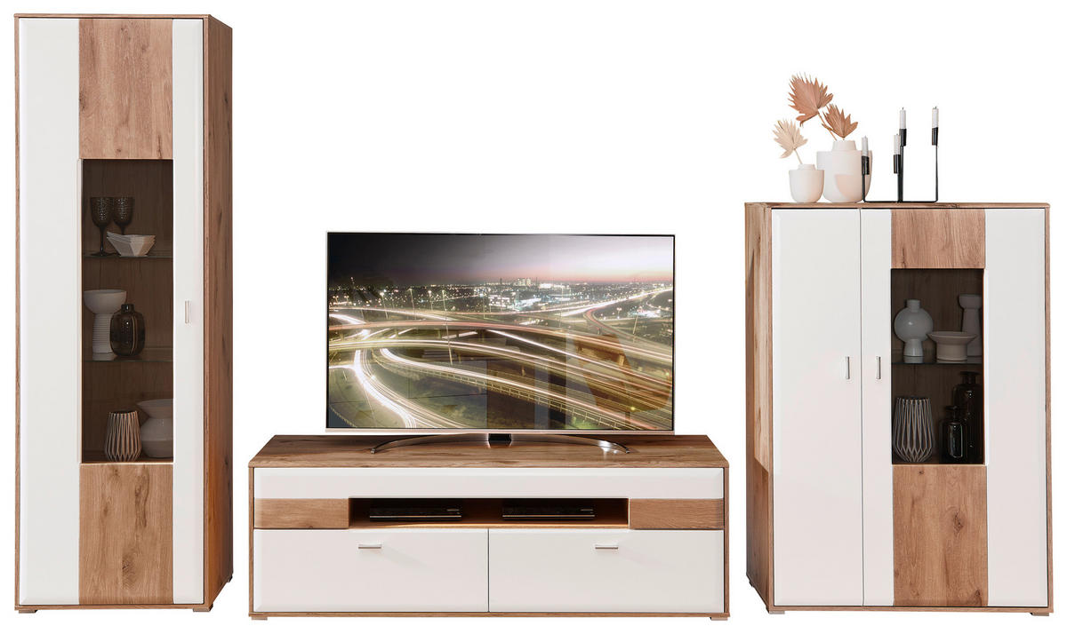 REGAL ZA DNEVNI BORAVAK bela, boja hrasta   - boja hrasta/boja nikla, Moderno, staklo/metal (350/204/50cm) - Hom`in