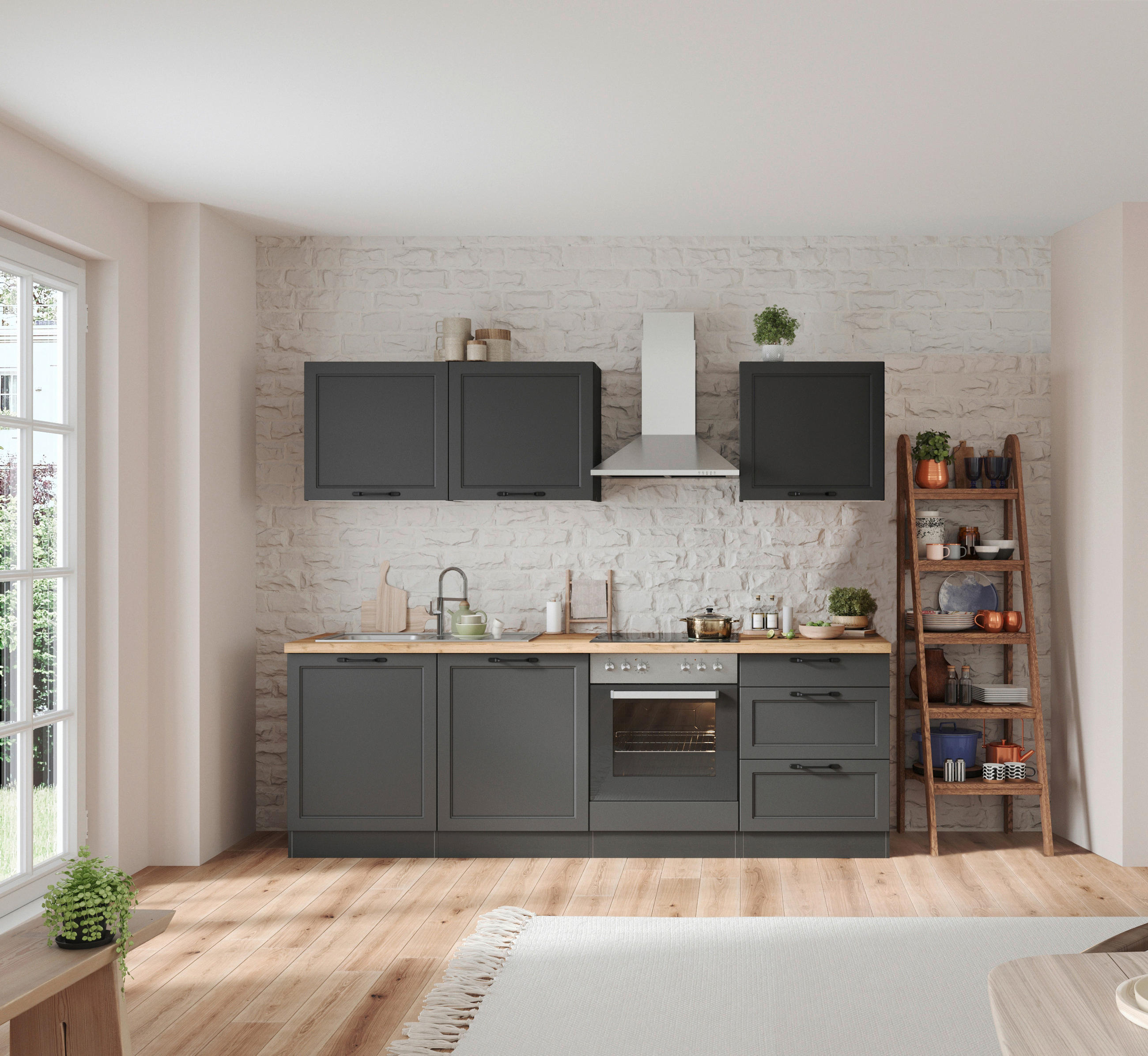 KÜCHENBLOCK 240 cm   in Grau, Eiche Wotan  - Eiche Wotan/Schwarz, LIFESTYLE, Holzwerkstoff/Metall (240cm) - Held