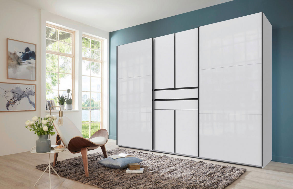 KLEIDERSCHRANK 300/216/65 cm,  in Weiß, 6-türig  - Schwarz/Weiß, Design, Glas/Holzwerkstoff (300/216/65cm) - Stylife