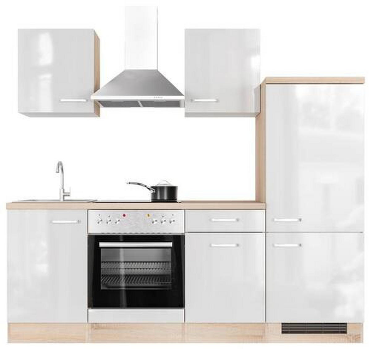 KUCHYNSKÁ LINKA VALERO 220 - biela s vysokým leskom/farba ušľachtilej ocele, Modern, kov/kompozitné drevo (220cm) - FlexWell