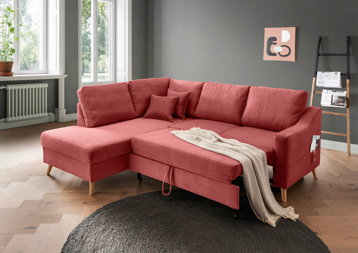 ECKSOFA in Cord Koralle  - Koralle/Naturfarben, MODERN, Holz/Textil (200/230cm) - Livetastic