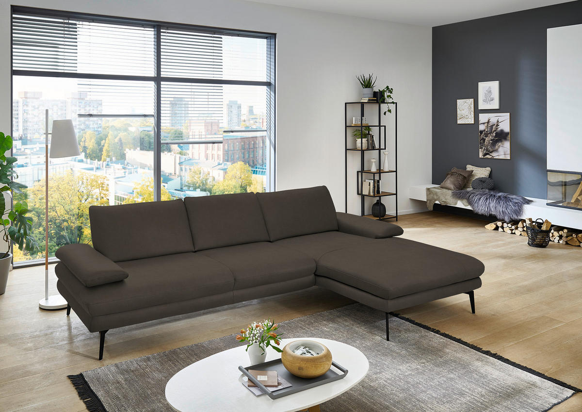 ECKSOFA in Echtleder Graubraun  - Graubraun/Schwarz, Design, Leder/Metall (310/180cm) - Dieter Knoll